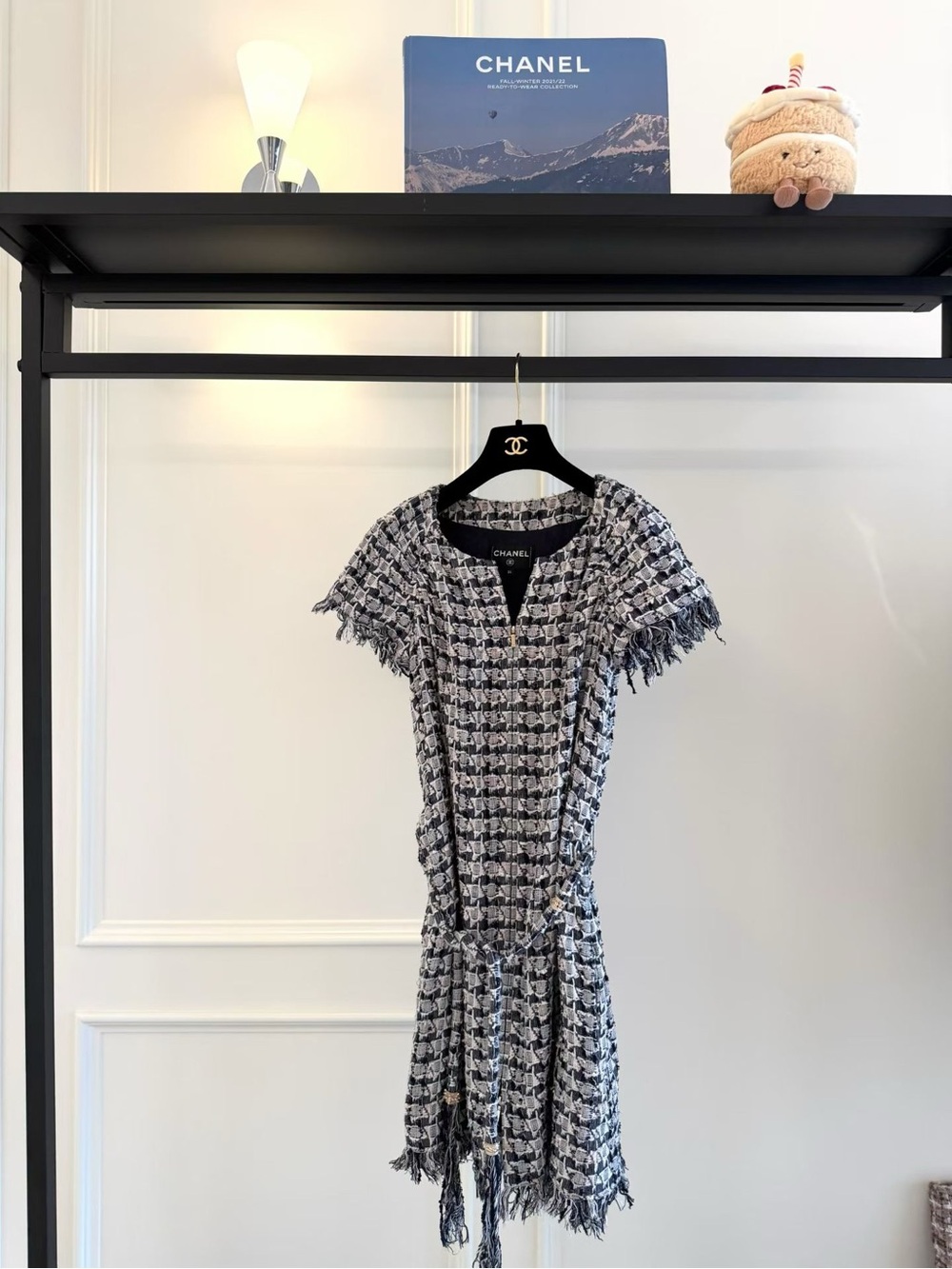 CHANEL Black and White Tweed Fringe Short Sleeve Dress